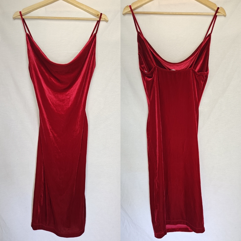 Lulus Dress Jazzy Belle Red Velvet Knit Cowl Neck Bodycon Midi Medium M‎